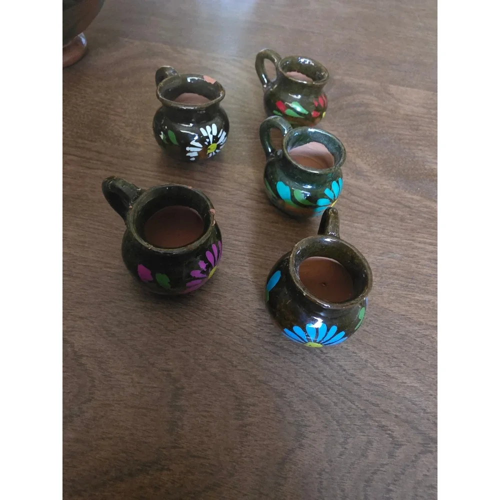 Mexican Folk Art Pottery Tequila Set Hand Painted Floral Glazed Brown 8pc decor